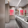 Modern Public Restroom With Wooden Walls Large Mirrors Red Decorative Painting And White Sinks
