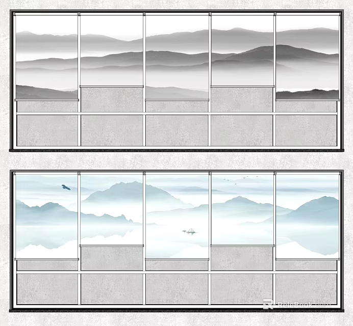 Stylish Curtain with Black and White Blue White Mountain Landscape Pattern and Decorative Elements 3d model