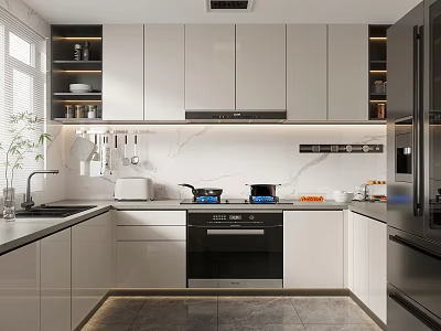 Modern Kitchen Interior With White Cabinets Island Countertop And Stainless Steel Appliances 3d model