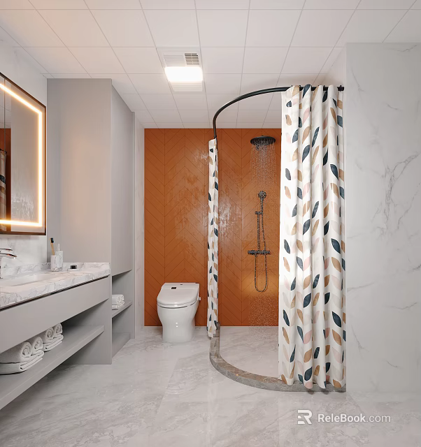 Modern Bathroom Interior With Orange Wall Shower Curtain Marble Countertop Toilet And Vanity Mirror 3d model 