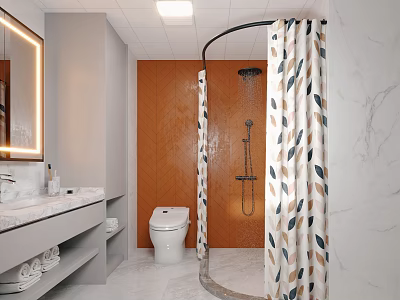 Modern Bathroom Interior With Orange Wall Shower Curtain Marble Countertop Toilet And Vanity Mirror 3d model