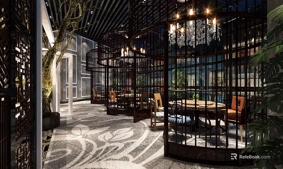 Chinese Style Restaurant Interior With Black Lattice Chandeliers Round Tables Patterned Carpet And Green Plants 3d model 