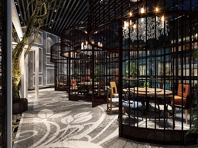 Chinese Style Restaurant Interior With Black Lattice Chandeliers Round Tables Patterned Carpet And Green Plants 3d model