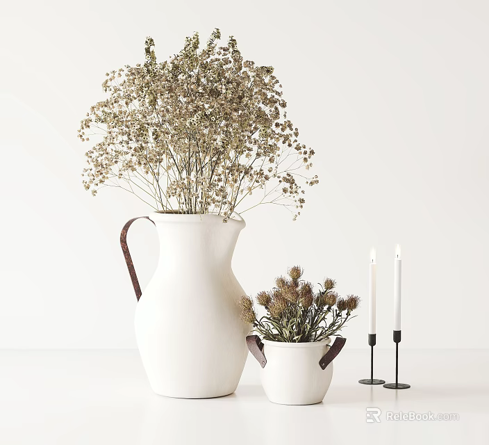 Large White Vase with Dried Flowers and Small Bucket on Minimalist White Background with Candles 3d model 