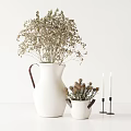 Large White Vase with Dried Flowers and Small Bucket on Minimalist White Background with Candles