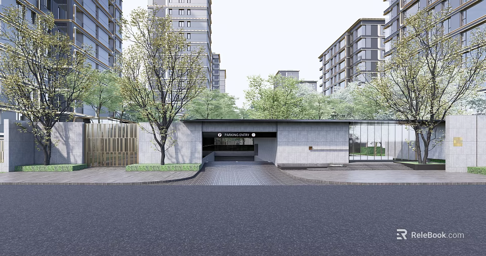 Modern Entrance Gate Design With High Rise Buildings And Green Trees Around 3d model 