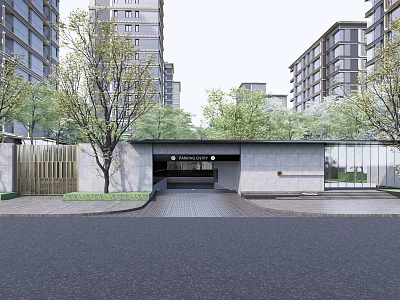 Modern Entrance Gate Design With High Rise Buildings And Green Trees Around 3d model