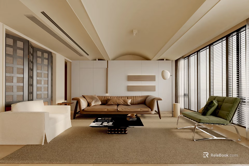 Modern Living Room Interior With Beige Sofa White Armchair Green Accent Chair And Large Windows 3d model 