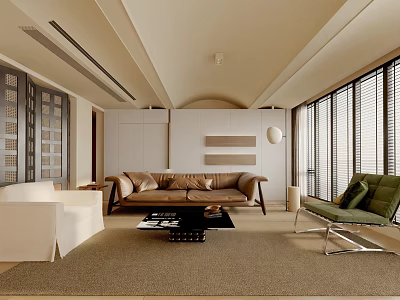 Modern Living Room Interior With Beige Sofa White Armchair Green Accent Chair And Large Windows 3d model