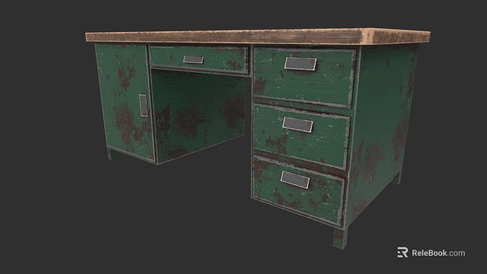 Green Office Desk with Wooden Top Multiple Drawers and Cabinets Vintage Industrial Style 3d model 
