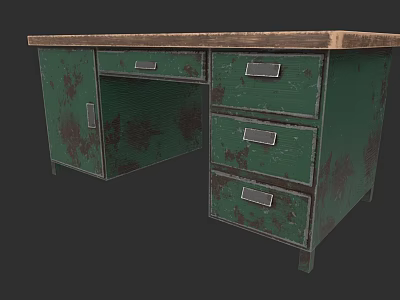 Green Office Desk with Wooden Top Multiple Drawers and Cabinets Vintage Industrial Style 3d model