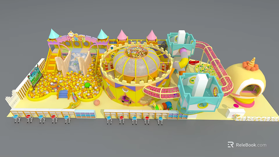 Colorful Kids Playground Equipment With Castle Style Design Golden Ball Pool And Slides 3d model 
