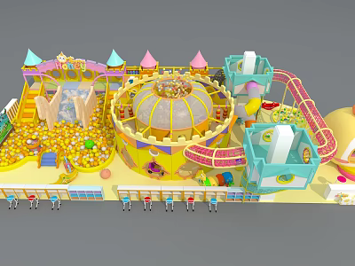 Colorful Kids Playground Equipment With Castle Style Design Golden Ball Pool And Slides 3d model