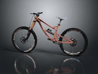 Peach Frame Downhill Mountain Bike With White Seat Large Tires And Suspension On Reflective Surface 3d model