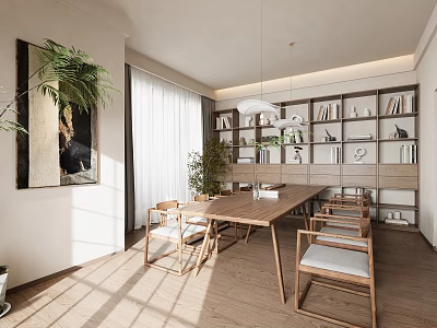 Modern Minimalist Dining Room With Long Wooden Table Chairs Green Plants Bookshelves And Natural Light 3d model
