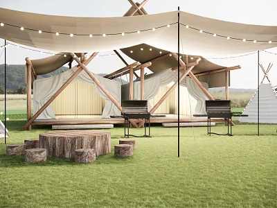 Outdoor Canopy With Wooden Frame String Lights And Grills On Green Grass Lawn 3d model