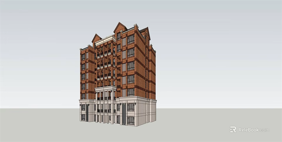 Red Brick Multi story Building Exterior With Decorative Top And White Base 3d model 