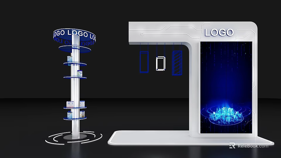Modern Exhibition Display Stands With Circular Shelf And Digital Logo Screen 3d model