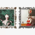 Ornate Framed Artworks Featuring Blindfolded Green Leaf Woman And Red Dressed Rabbit Winged Figure