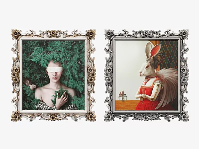 Ornate Framed Artworks Featuring Blindfolded Green Leaf Woman And Red Dressed Rabbit Winged Figure 3d model