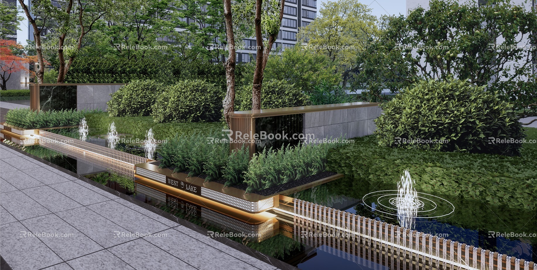 Modern high-end residential area central axis landscape entrance landscape model