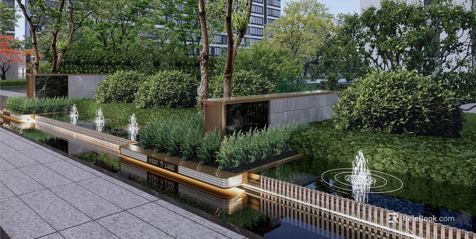 Lush Modern Residential Landscape With Greenery Water Fountains And Wooden Fence 3d model 