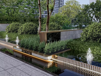 Lush Modern Residential Landscape With Greenery Water Fountains And Wooden Fence 3d model