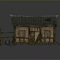 Old Chinese Cottage Model with Broken Roof Tiles Wooden Mud Walls Windows and Weeds