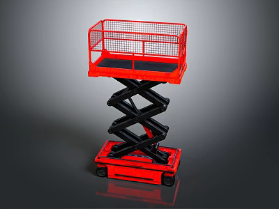 Red Scissor Lift Platform With Safety Guardrail And Mobile Wheels Structure 3d model