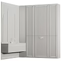 Modern Bathroom Vanity With Arched Mirror Dark Green Cabinet And Wooden Countertop