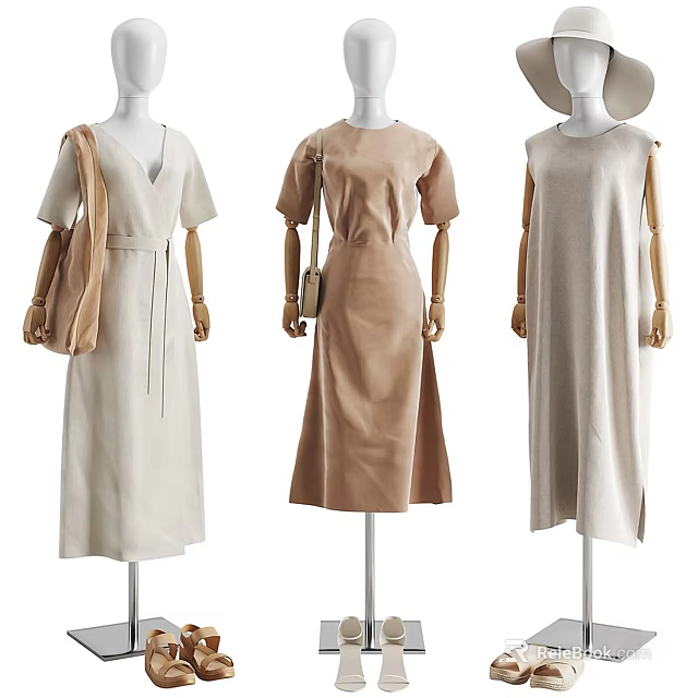 Mannequins Wearing Stylish V neck Short sleeve and Sleeveless Dresses In Neutral Tones With Handbags 3d model 