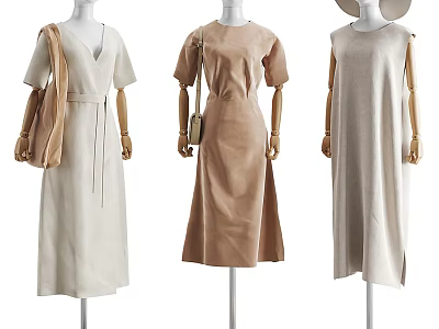 Mannequins Wearing Stylish V neck Short sleeve and Sleeveless Dresses In Neutral Tones With Handbags 3d model