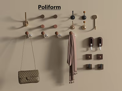 Multiple Modern Wall Hooks with Hanging Handbag Scarf and Wooden Metal Accents 3d model