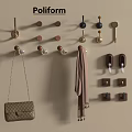 Multiple Modern Wall Hooks with Hanging Handbag Scarf and Wooden Metal Accents