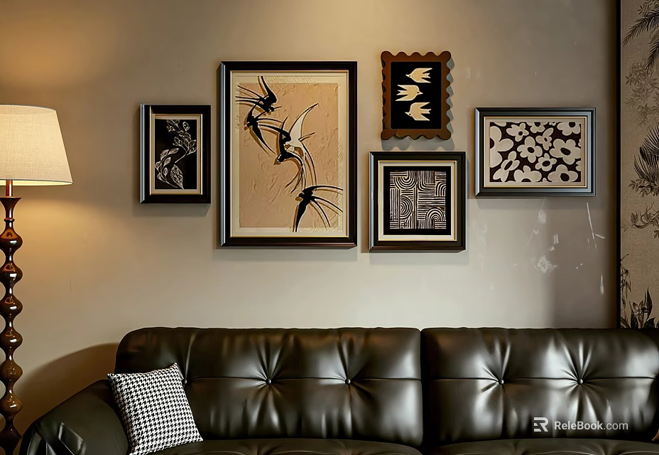 Decorative Photo Wall With Various Framed Artworks And Patterns Above Leather Sofa In Living Room 3d model 
