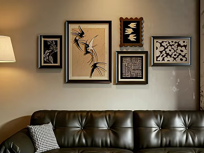 Decorative Photo Wall With Various Framed Artworks And Patterns Above Leather Sofa In Living Room 3d model