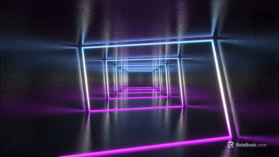 Modern Office Corridor With Neon Light Frames Purple Blue Lighting And Floor Reflections 3d model 