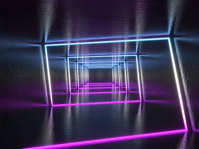Modern Office Corridor With Neon Light Frames Purple Blue Lighting And Floor Reflections 3d model