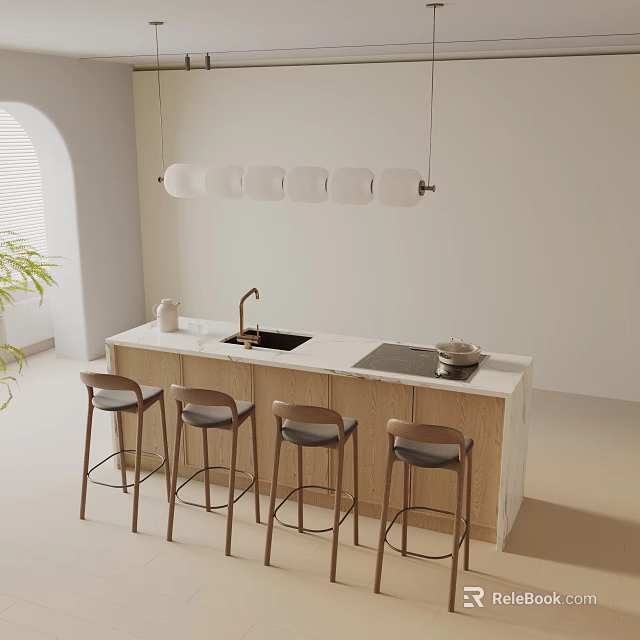 Modern Kitchen Dining Table Set With Island Counter Bar Stools And Pendant Lights 3d model