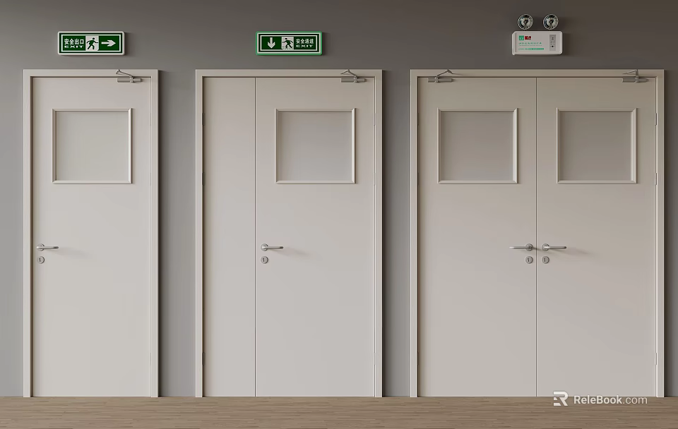 Fire Safety Equipment Including Emergency Exit Doors With Green Signs And Glass Windows 3d model 