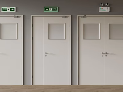 Fire Safety Equipment Including Emergency Exit Doors With Green Signs And Glass Windows 3d model