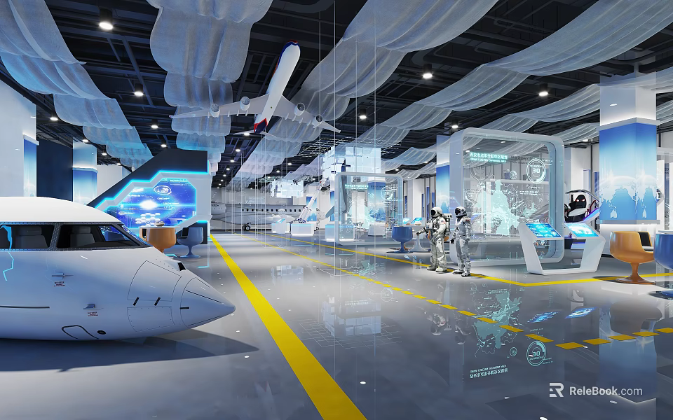 Hi tech Exhibition Hall With White Aircraft Model Yellow Floor Lines Display Screens And Astronaut Suits 3d model 