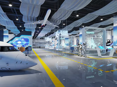 Hi tech Exhibition Hall With White Aircraft Model Yellow Floor Lines Display Screens And Astronaut Suits 3d model