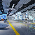 Hi tech Exhibition Hall With White Aircraft Model Yellow Floor Lines Display Screens And Astronaut Suits