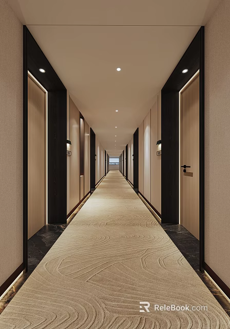 Elegant Modern Hotel Corridor Interior With Wooden Doors Textured Carpet And Ceiling Lights 3d model 