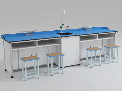 Laboratory Workstation With Blue Countertop Table Stools Faucet And Cabinets 3d model