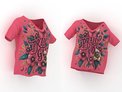 Pink V neck casual t shirt with floral pattern and PRIOR LOVE decorative text 3d model