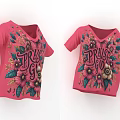 Pink V neck casual t shirt with floral pattern and PRIOR LOVE decorative text