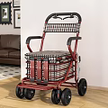 Red Frame Rollator with Checkered Seat Storage Basket and Wheels 3d model