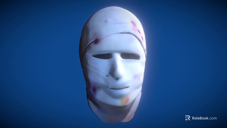 Game Movie Character With White Bandaged Mask And Bloodstains Against Blue Background 3d model 